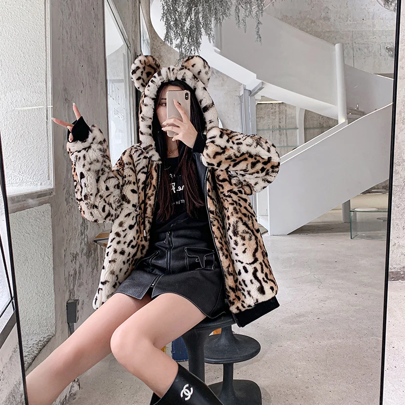 Zero fish Rex knitted Genuine Rabbit fur coat women fashion long rabbit fur jacket Outwear winter fur coat with Hood Leopard