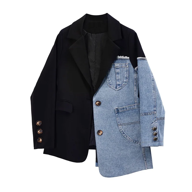 

Vintage Fashion Blazer Women Denim Patchwork Jackets 2021 Autumn Winter Irregular Coat Lady Long Sleeve Loose Korean Outerwear