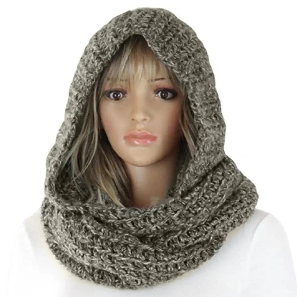 

Autumn Winter Women Outdoor Thick Warm Keeping Solid Color Knitted Hooded Scarf