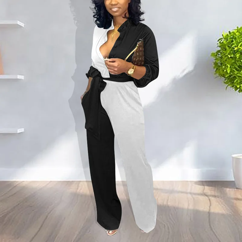 2019 черно-белый Асимметричный комбинезон с широкими штанинами женский элегантный