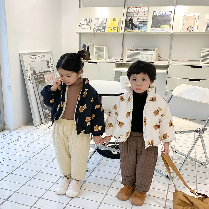 

2021 New Children's Warm Cotton-padded Jacket Cartoon Bear Plus Velvet Jacket 3 4 5 6 7Year Baby Boys Girls Cute Unisex Jacket