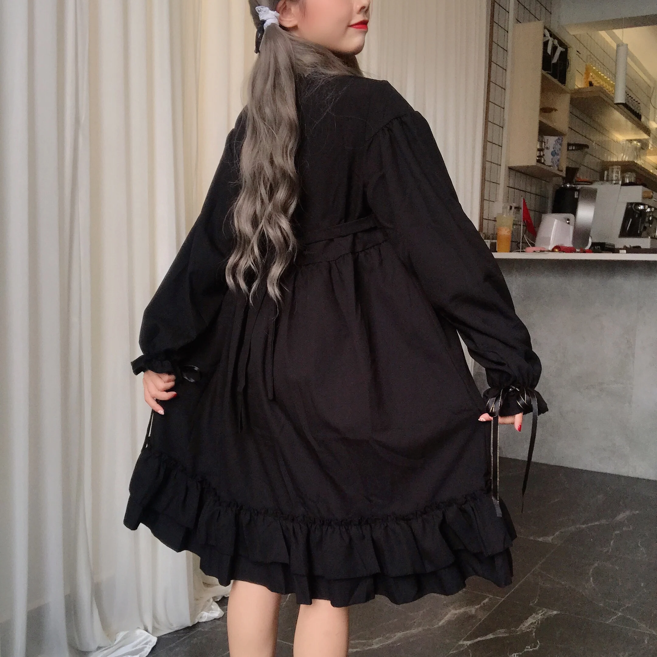 Harajuku готическое Черное женское платье лолиты с кнопки в форме звезд осеннее японское кружевное платье с длинными рукавами и оборками для девочек-подростков
