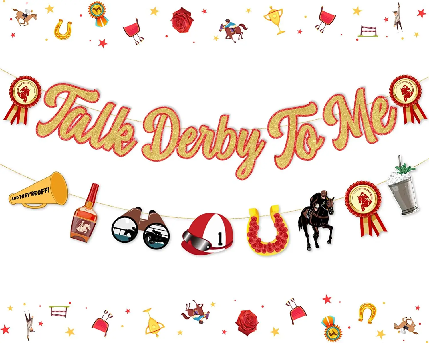 

Kentucky Derby Decorations, Talk Derby To Me Banner with Gold Red Glitter Bunting Garland for Horse Racing Party Supplies
