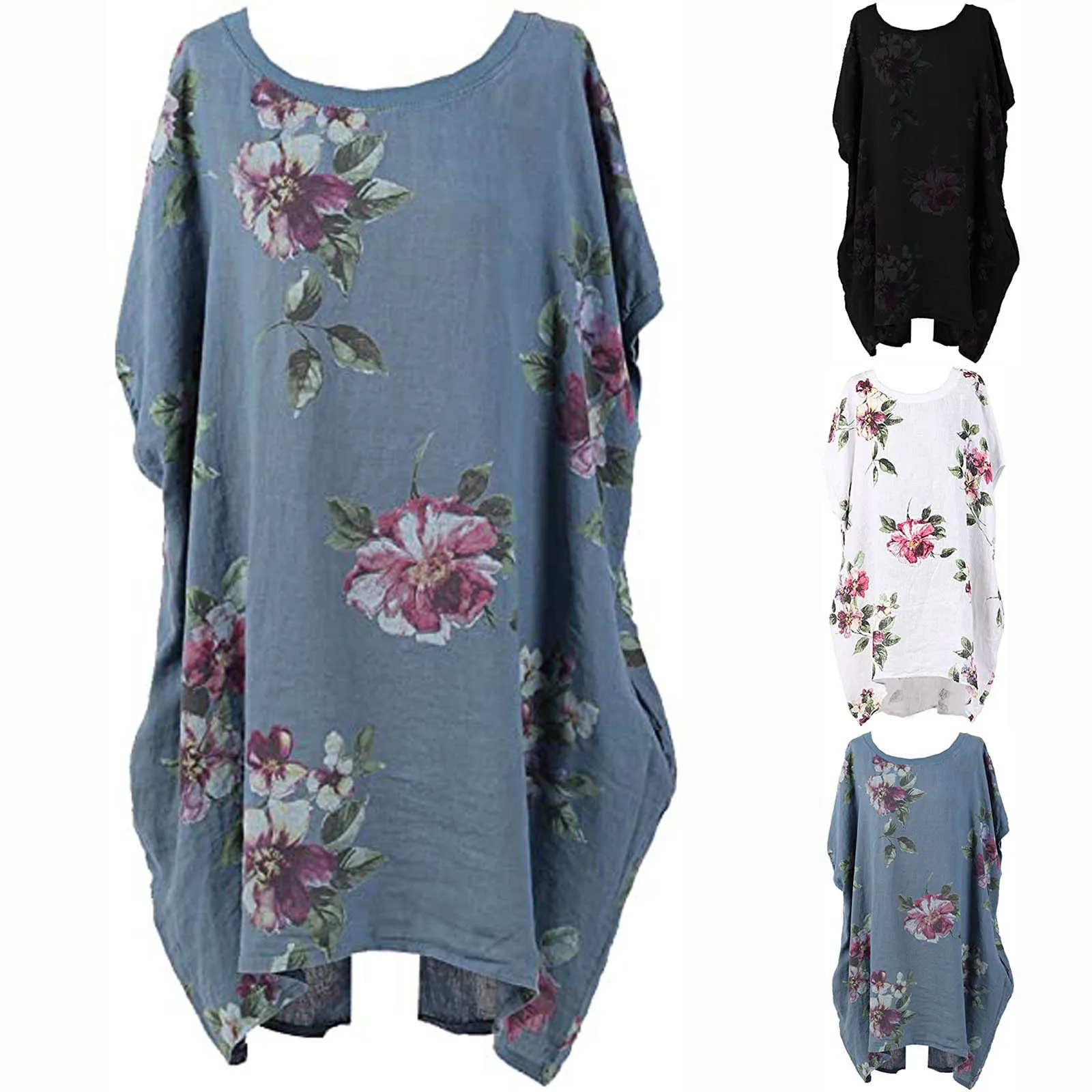 

Модная хлопковая льняная блузка с цветочным принтом, рубашка, свободные топы с круглым вырезом, футболка, повседневные летние женские блузы...