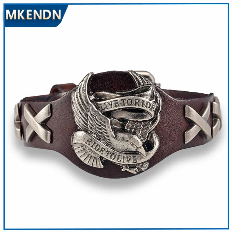 Лидер продаж мужской ретро браслет MKENDN с черепом из натуральной кожи|bracelet male|bracelet