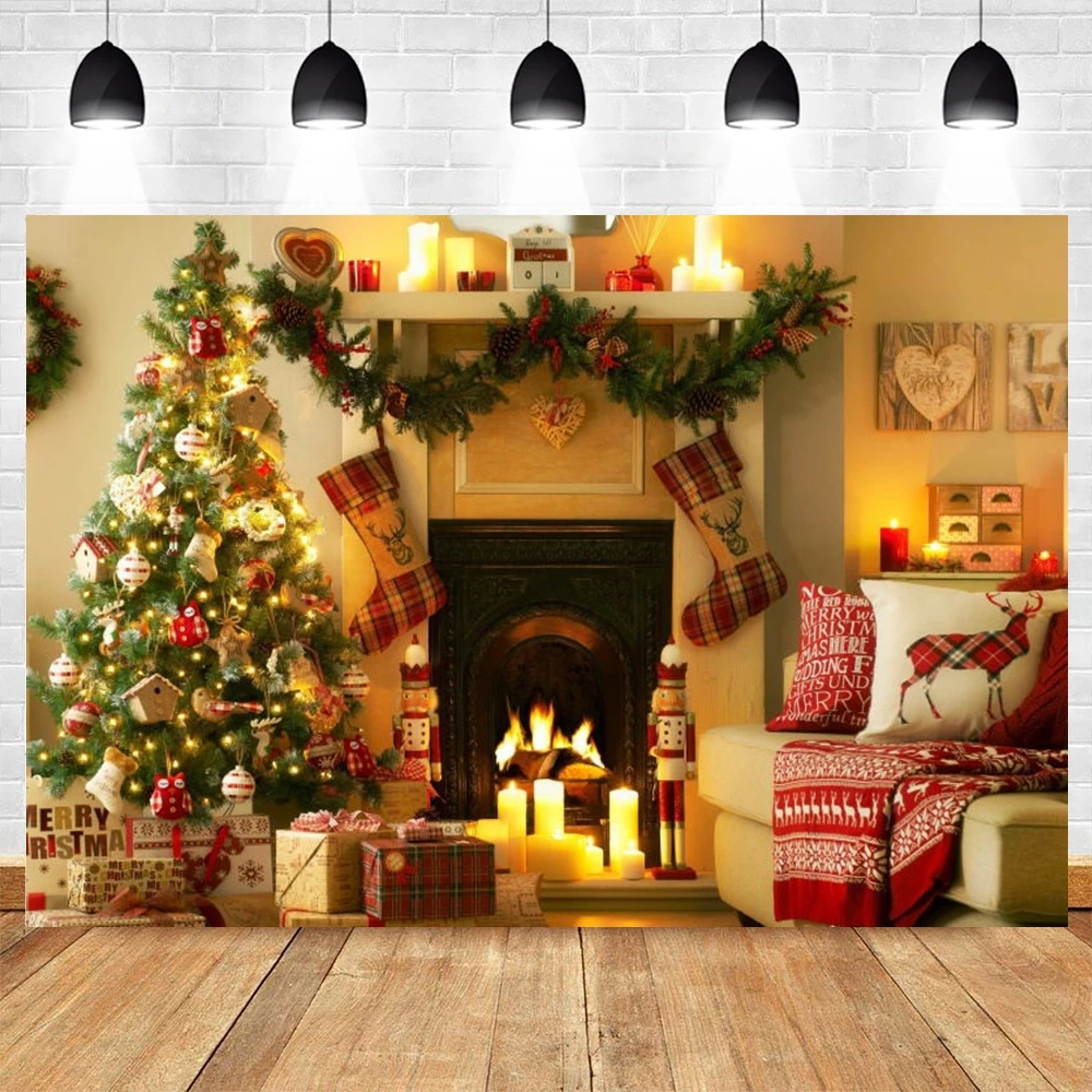 

Christmas Backdrops For Photography Background Fireplace Room Interior Tree Sock Photo Studio Photophone Photozone Photocall