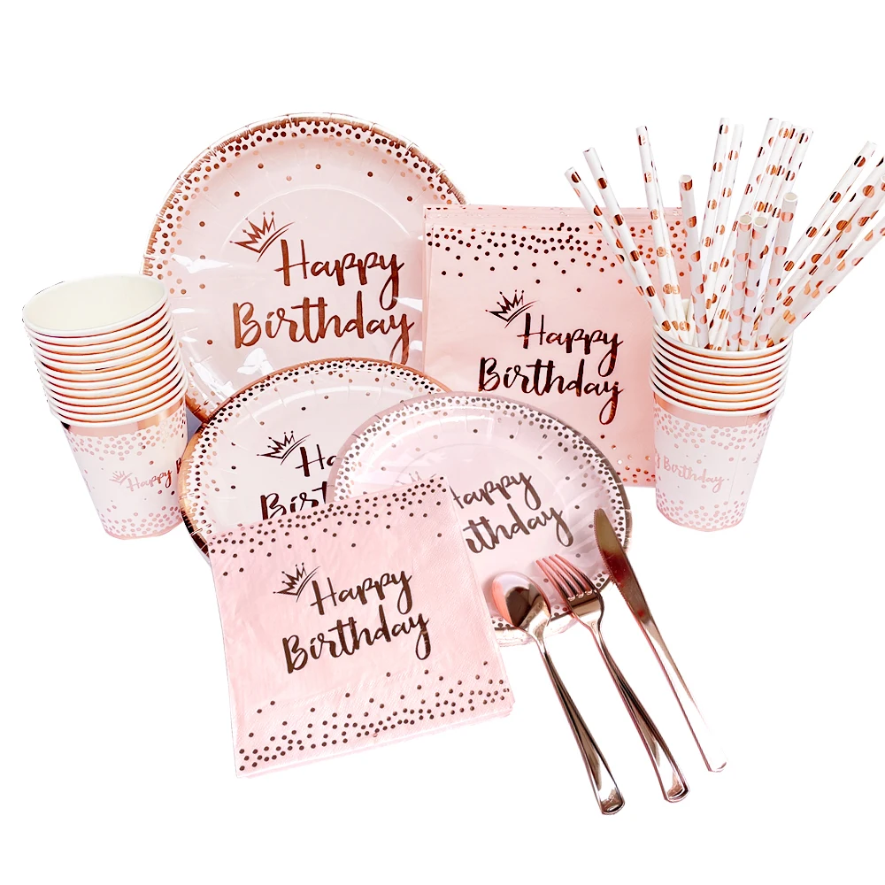 

20 Guests Disposable Tableware Party Set Happy Birthday Pink Rose Gold Plates Cup Napkin Wooden Cultury for Women and Girl
