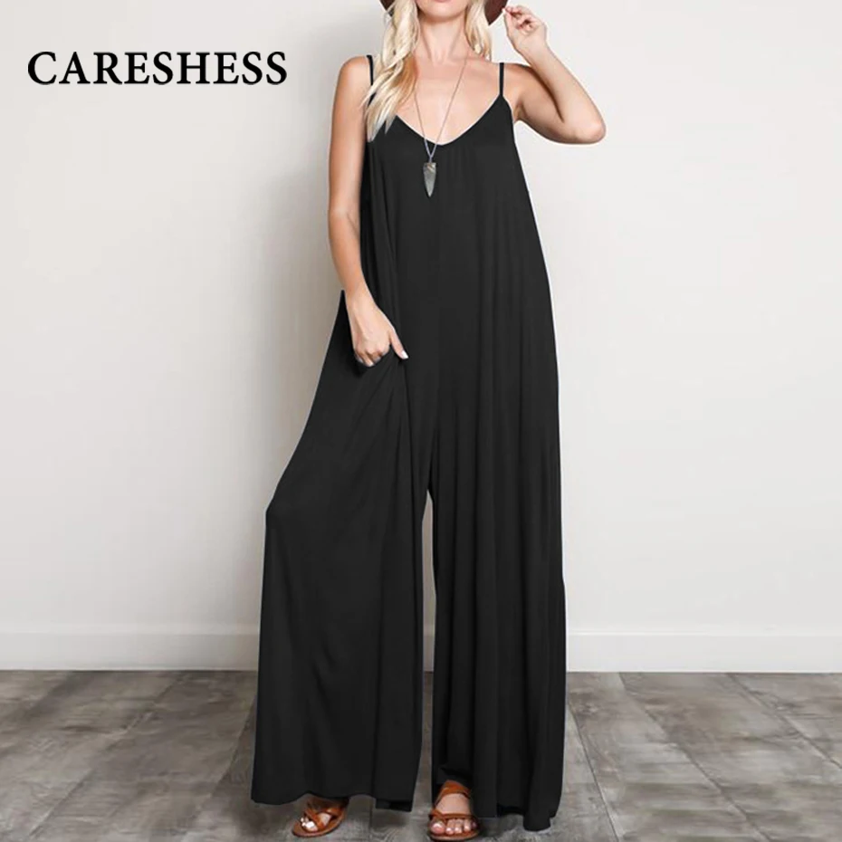 

CARESHESS Women Suspender Halter Jumpsuit Loose Sleeveless Playsuit Party Fashion Sexy V-neck Solid Color Suspender Plus Size XL