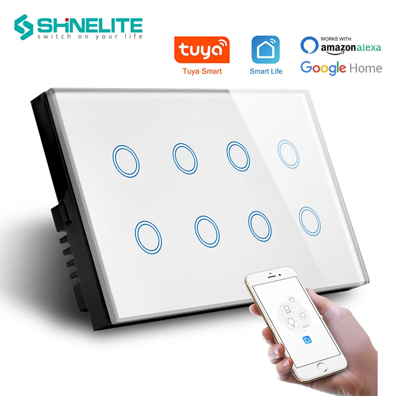 

Shinelite Tuya умный дом беспроводной умный сенсорный 8 кнопочный WIFI настенный выключатель с Alexa Google Home
