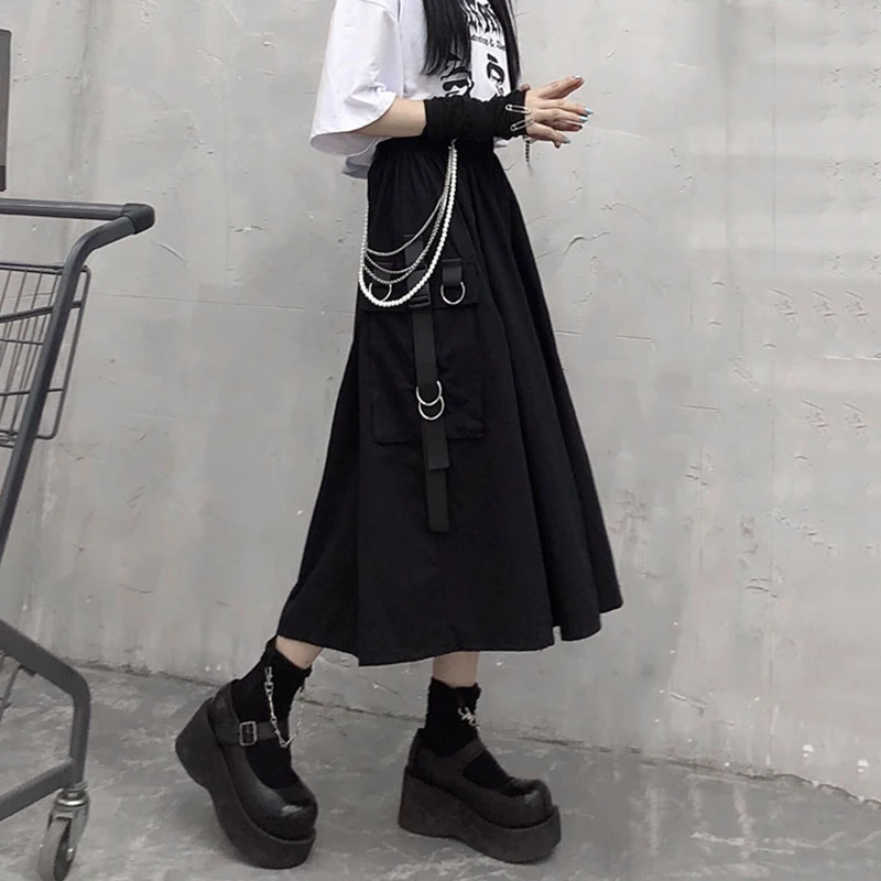 

Gothic High Waist Cargo Skirts Woman Harajuku 2021 Loose A-line Pocket Long Black Skirt Hip Hop Fashion OverSize
