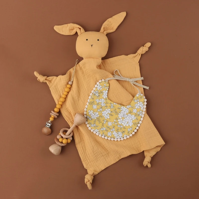 

1 Set Baby Teether Toys Pacifier Clips Chain Beech Wooden Rattles Bunny Ear Sleeping Dolls Soothe Appease Towel Baby Bibs DXAD