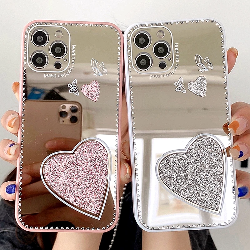 

Luxury Love Heart Mirror Phone Case For iPhone 13 12 11 Pro Max XR XS Max X 7 8 Plus SE 2020 Butterfly Bumper Back Cover