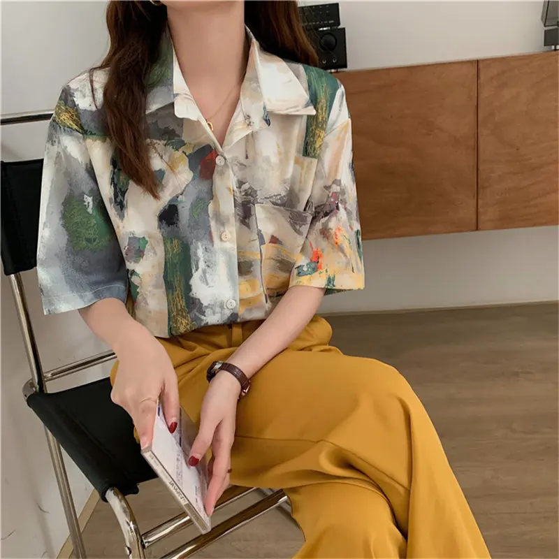 

HziriP Sweet Summer Short Sleeves Retro Gentle Chic 2021 Printed Casual Hot Streetwear Tops Thin Vintage All Match Femme Shirts