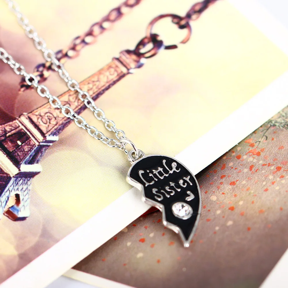 

Big Sister Little Sister Pair Necklace Family Jewelry Broken Heart Necklace Set Silvertone Split Broken Heart Enamel Necklace K8