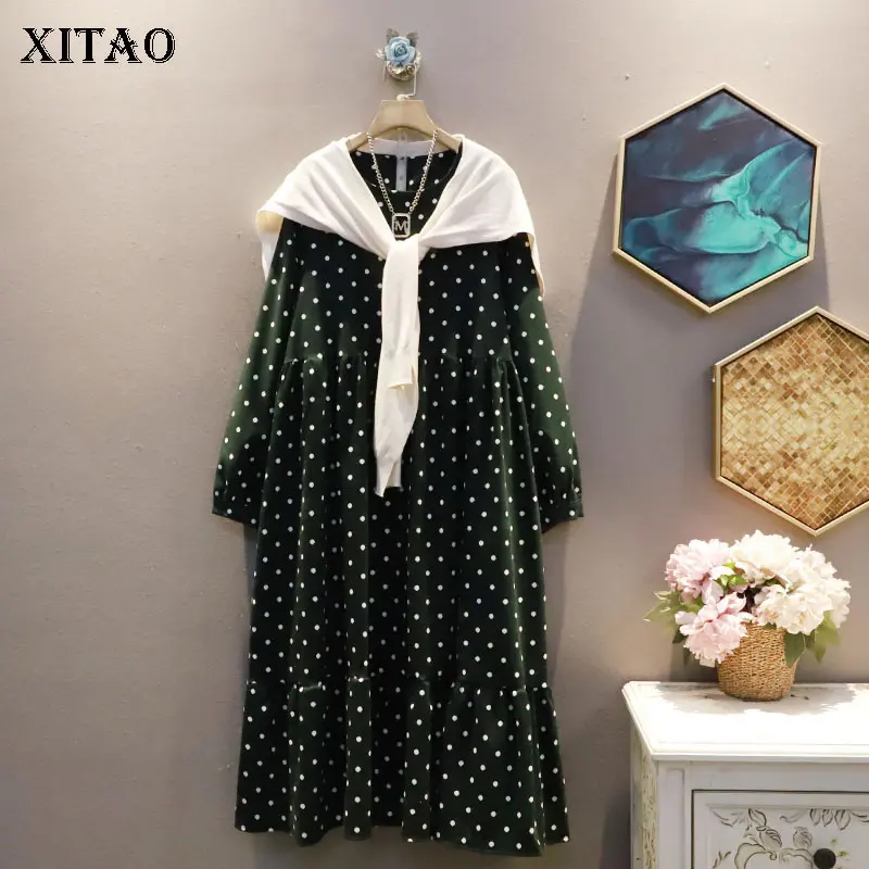 

XITAO False Two Piece Dress Women Fashion New Full Sleeve Goddess Fan Casual Style Pleated Goddess Fan Loose Dress WMD3259