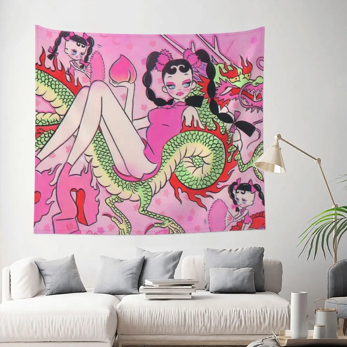 Милый женский розовый гобелен хиппи настенный аниме девушка иллюстрация картина