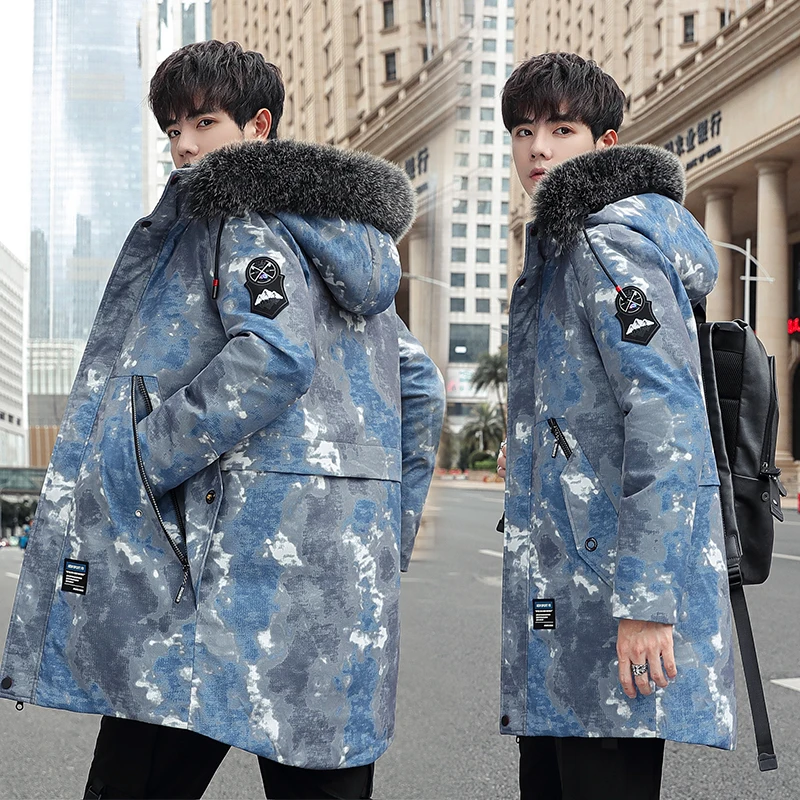 

2021New Men's Winter Jackets Thick Warm Hooded Fur Hood Casual Coat Street Wear Print Hip Hop Windbreaker Cotton Padded Jacket