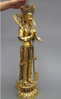 Tibet Refined Bronze Gilt Stand Kwan-Yin guanyin Bodhisattva Buddha statue |