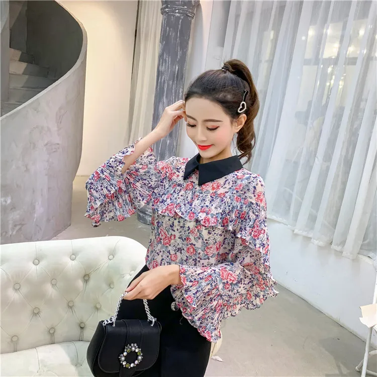 Spring Sweet Style Loose Print Blouse Women Shirts Chiffon Fashion Brand Korean Clothes Flare Sleeve Ruffles Floral Ladies Tops | Женская