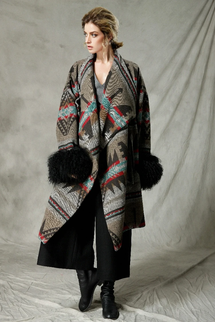 

Winter Original Autumn Brand Women National Trend Large Lapel Indian Totem Print Mongolian Fur Sleeve Oversized Warm Woolen Coat