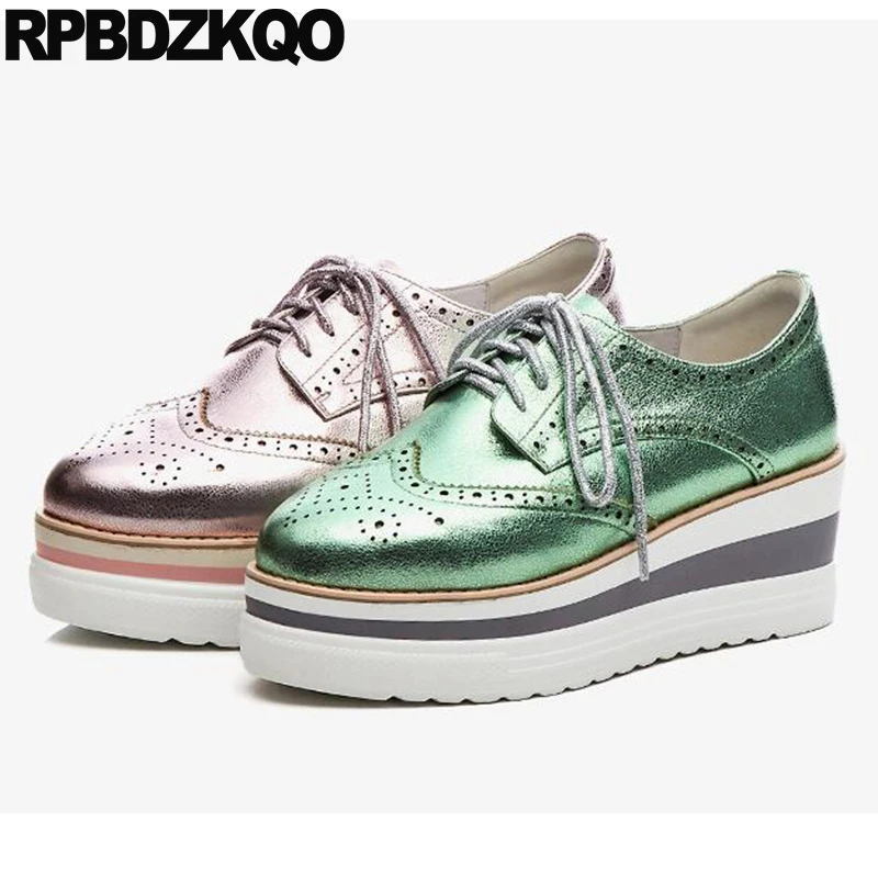 Туфли лодочки женские на платформе 3 дюйма натуральная кожа броги шнуровке