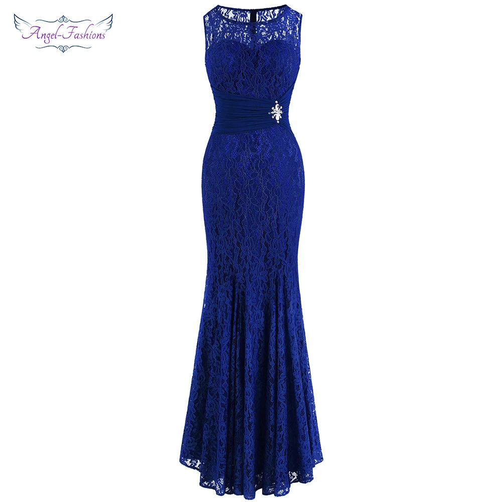 

Angel-fashions Women's Lace Evening Dress Sheer Pleated Beading Formal Party Gown Royal Blue 418