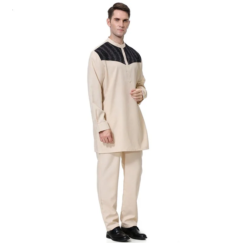 Men Muslim Saudi Arabic Abaya Kaftan Dress Long Sleeve Shirt Casual Pants Qamis Homme Jubba Thobe Robe Arab Islamic Clothing Set