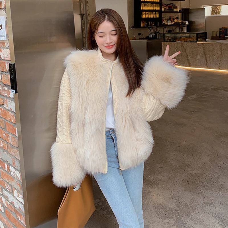 Women Real Fox Fur Knitting OverSize Loose Spring Fox Fur Lady's Fashion Sweater Zipper Stand Collar Jacket Coat