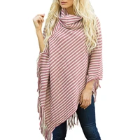 black and white striped turtleneck tassled sweater cape shawl knitted women tops autumn loose pullover casual jumper pull femme