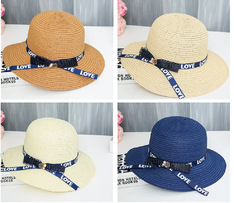 Wide Brim Uv Protection Cap Outdoor Sun Hat NEW Women Straw Hat Summer Beach Straw Korean bow ribbon