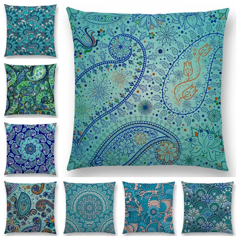 Синяя Мандала с пейсли, декоративный узор, цветочные растения, в национальном стиле, Цветочная полоса, наволочка, великолепная подушка