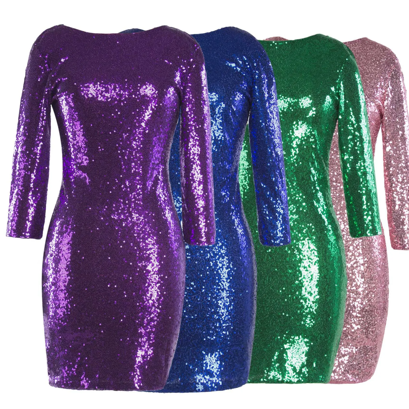 

BacklakeGirls Women Elegant Round Neck 3/4 Sleeve Sequin Short Cocktail Dress Shiny Straight Celebration Party Dress Vestido