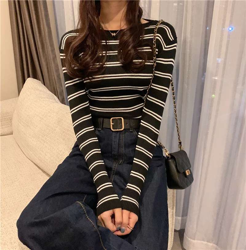 Women Long Sleeve Fashion Striped Sweaters O Neck Bottoming Slim Sweater Female Casual Pullover Tops |