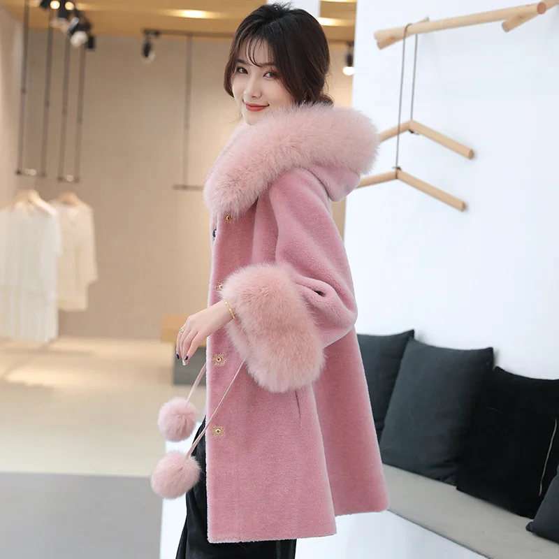 Новые Стрижки овец пальто с мехом для женщин средней длины подкладкой из лисьего