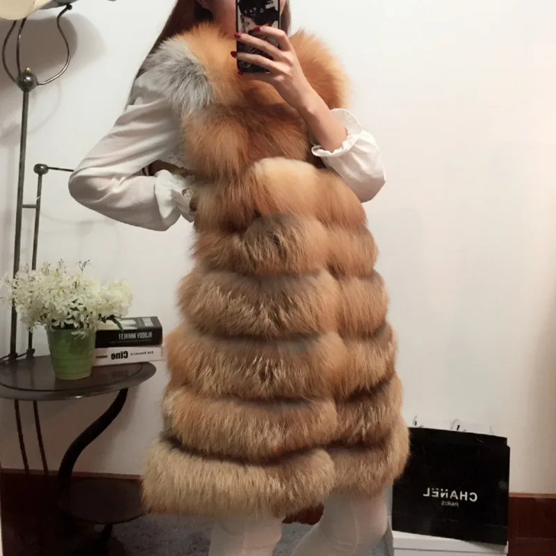 

Женский Длинный жилет с капюшоном из натурального Лисьего меха, 5XL