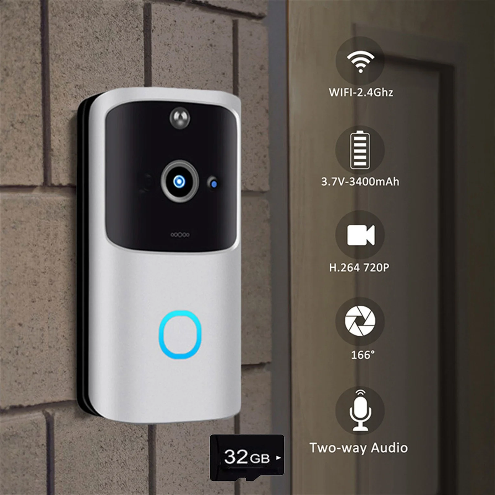 

Smart doorbell with WiFi, visual interphone with doorbell, night vision, IP, wireless home safety camera, 32GB TF Card Genuine