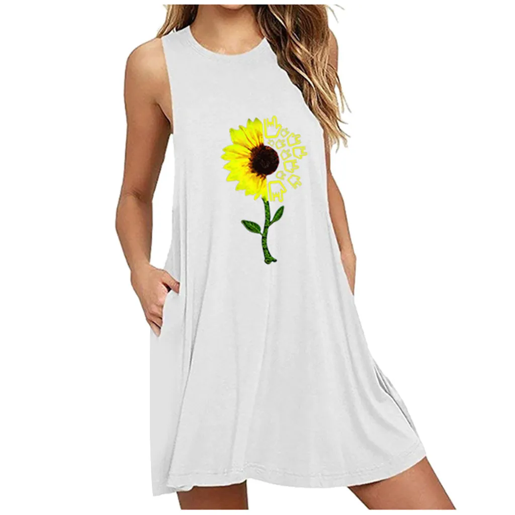 

sexy Women Summer Dress Pocket Daisy Printing Sleeveless Casual Nightdress Dresses Vestidos Summer