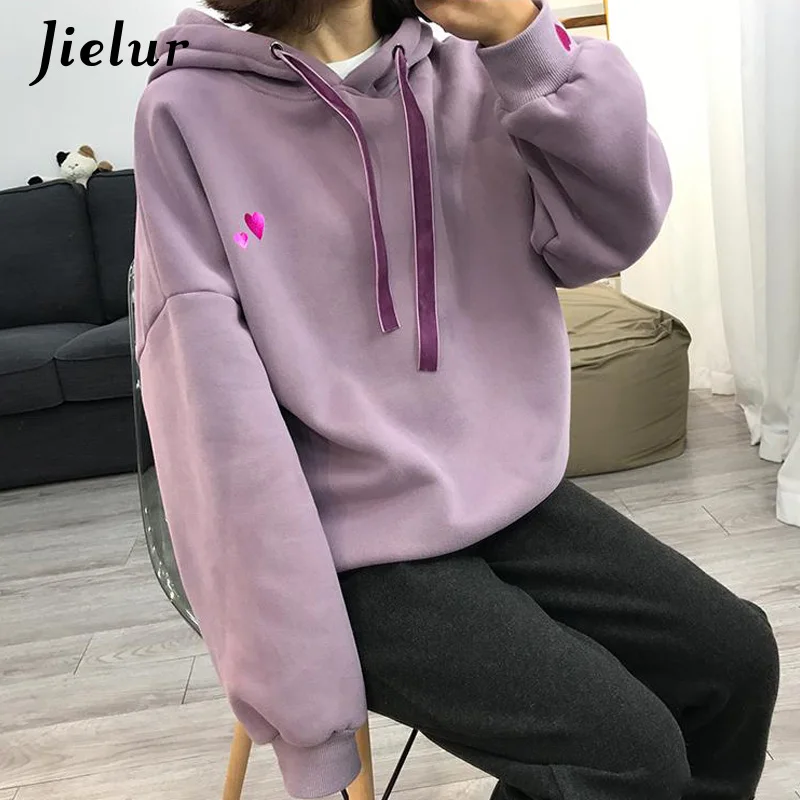 Лаванда Jielur сердце вышивка Женская толстовка с капюшоном зимние свободные корейский белые толстовки женские модные повседневные пуловер m-xl - Цвет: Лаванда