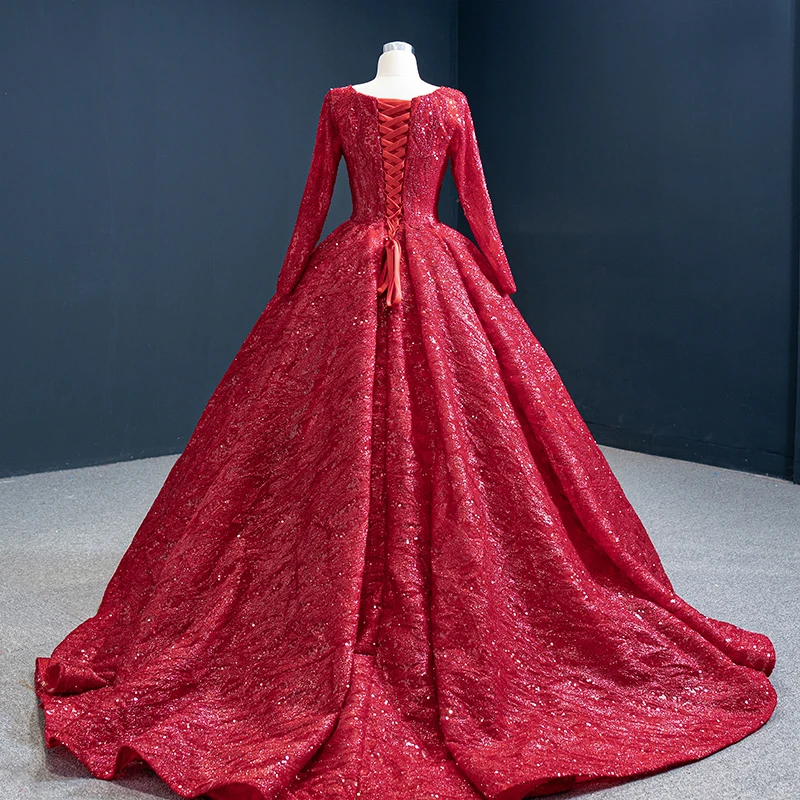 J67121 JANCEMBER Red Elegangt Simple Evening Party Dresses 2021 Sequined Court Train O-Neck Full Sleeve Ball-Gowns