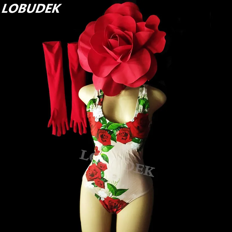 Танцевальный костюм на День святого Валентина боди с принтом розы головной убор