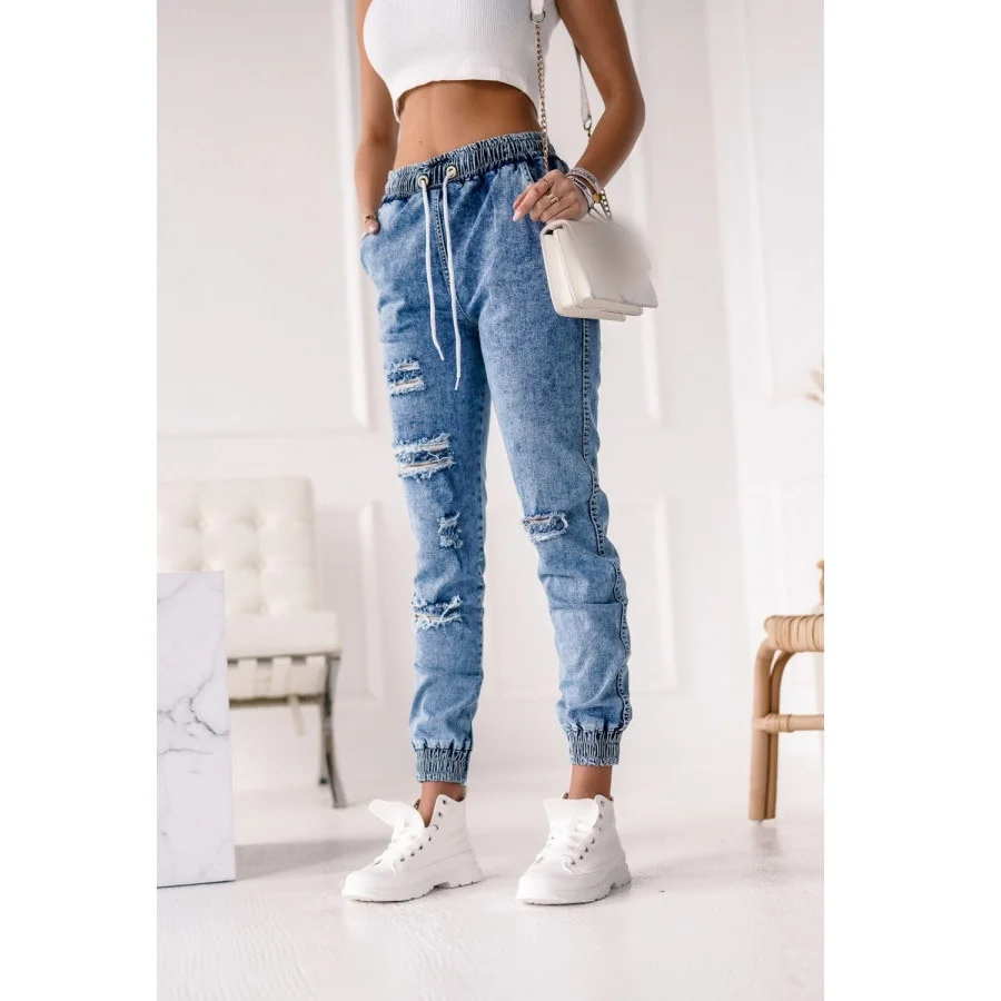

Fashion Women Streetwear Pencil Pants Drawstring Denim Trousers Female Hollow Out Bottoms Ripped Jeans For Women