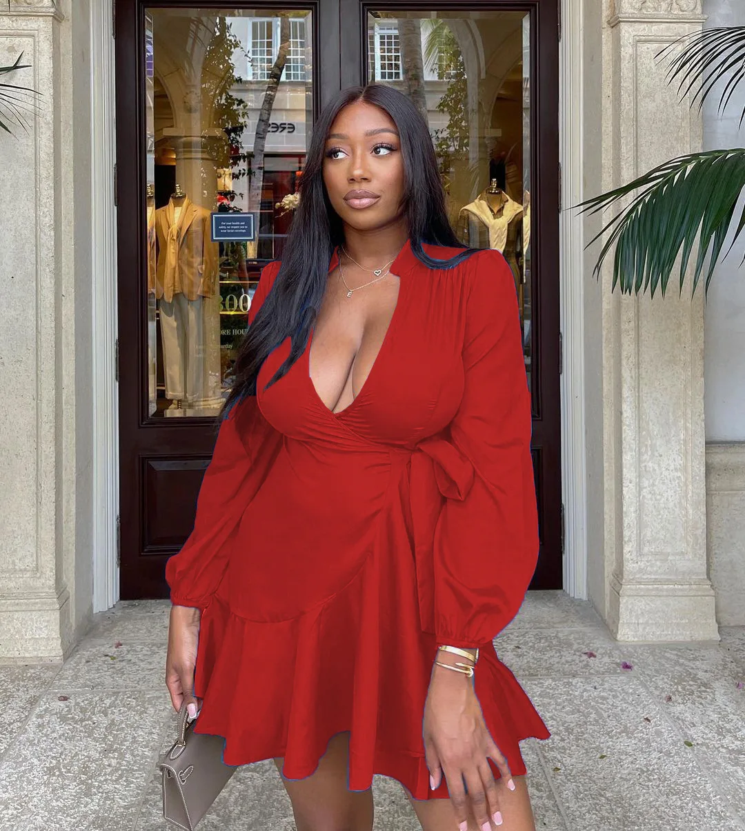 

2022 Women's Mini Satin Puff Sleeve Plunge Tie Front Dress Solid Bow Summer Spring Party Casual Chic Sexy V Neck Dress