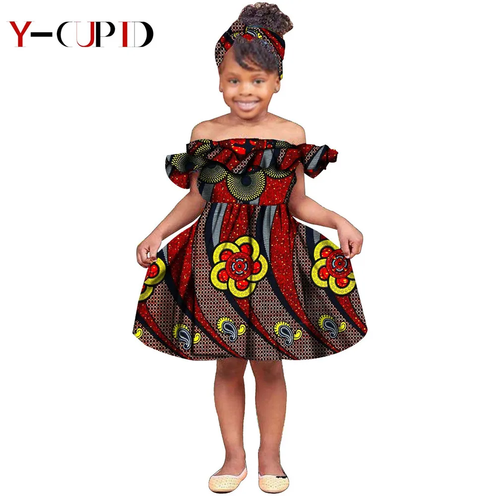 

African Clothes for Kids Baby Girls Ankara Print Ruffles Floar Dresses Matching Headtie Bazin Riche Children Clothing YS194006