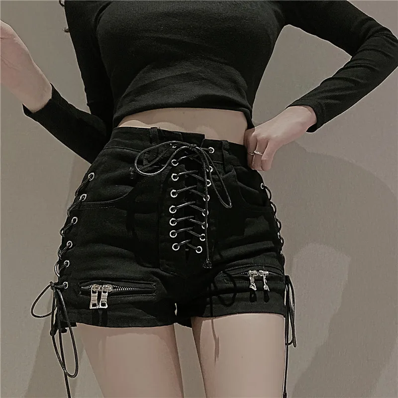 

Sexy Denim Shorts Women's Streetwear Gothic Jeans Mini High Waist Lace-up Zipper Black Skinny Stretch Denim Hot Pants 2021