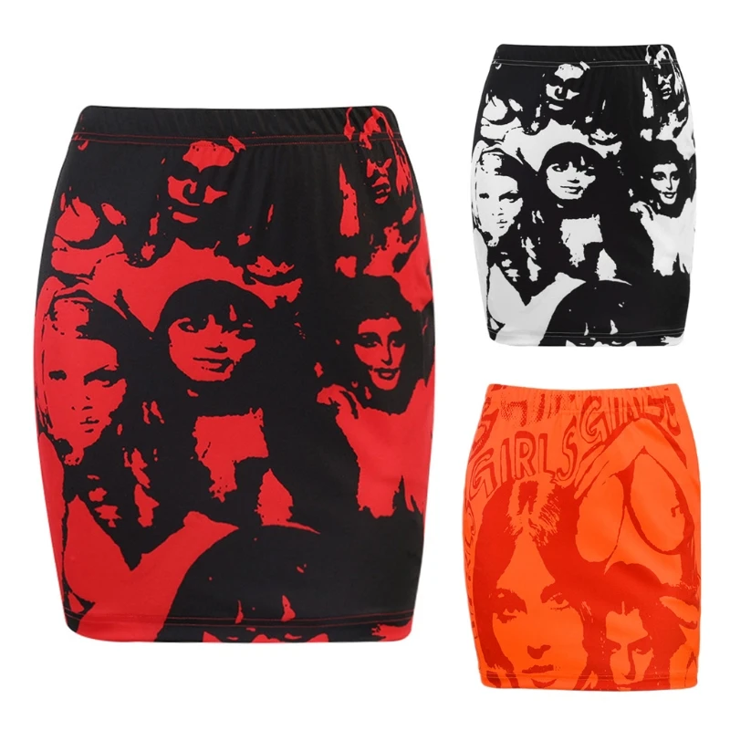 

CPDD Women Sexy Low Rise Bodycon Mini Micro Pencil Skirt Gothic Harajuku Abstract Facial Portrait Graphic Club Streetwear