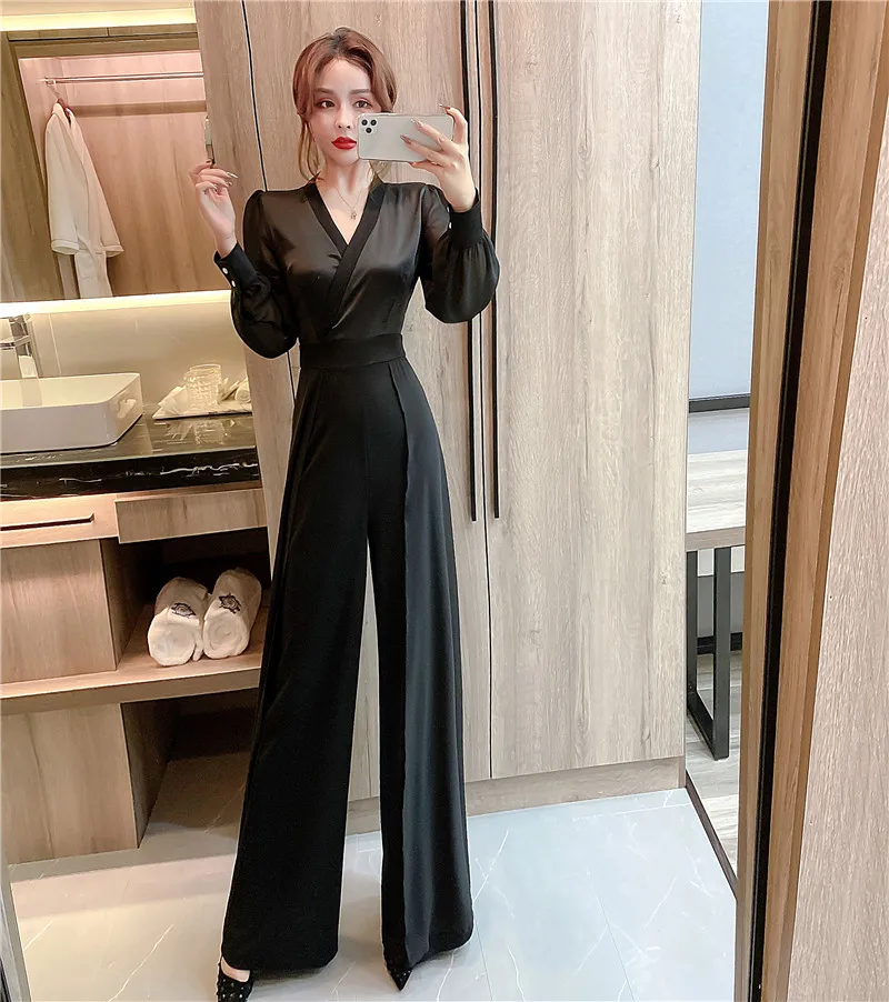Women's Summer Jumpsuit Long Sleeve Chiffon V-Neck Elegant Fashion Wide-Leg Temperament Slim Romper