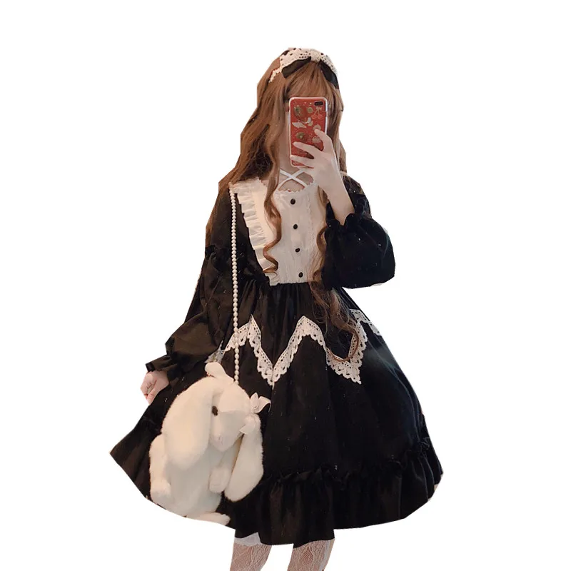 

Japanese Gothic Lolita Dress Women Kawaii Palace Princess Bow Lace Sweet Dresses Vintage Renaissance Fairy Party Dress Cosplay