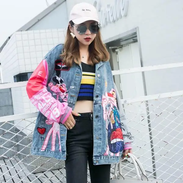 

Disney Pink Leopard Ladies Jacket New Heavy Industry Cartoon Pink Leopard Stitching Contrast Sleeve Loose Fashion Denim Jacket