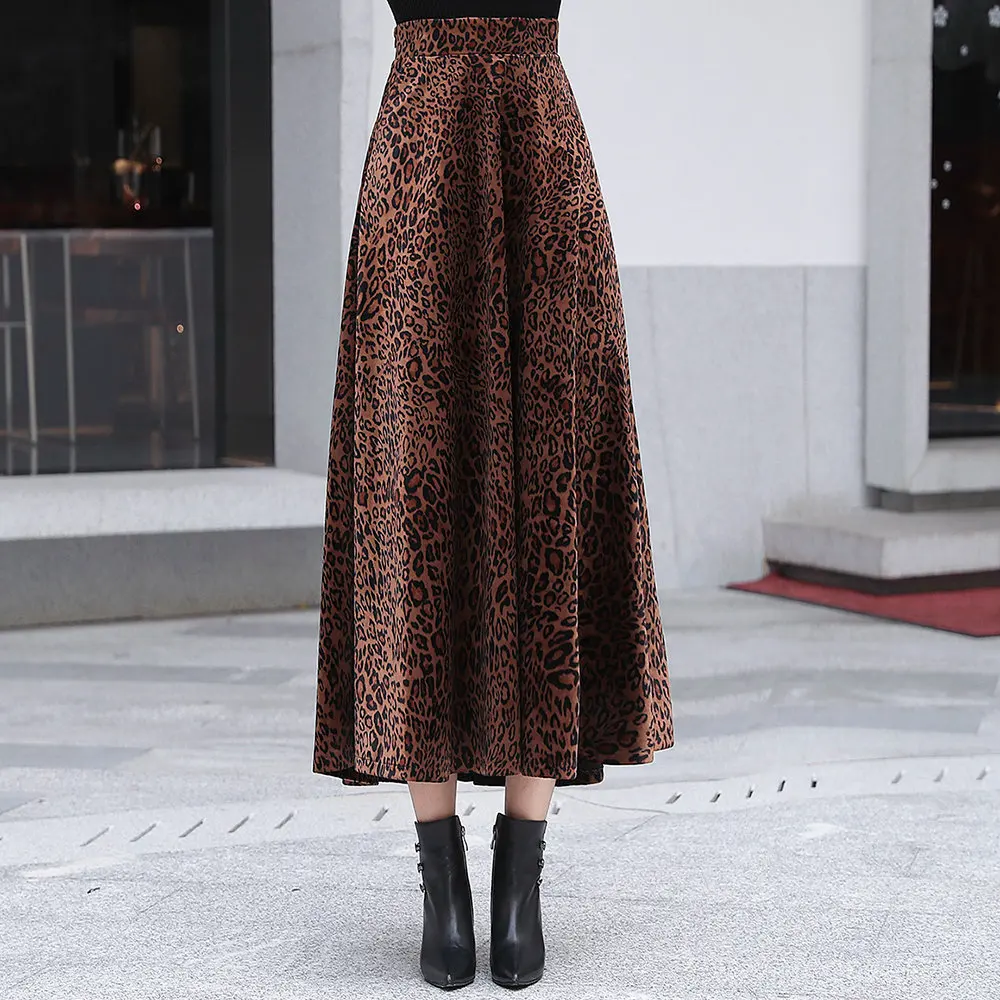 Золотая Бархатная утепленная юбка средней длины зонтик с леопардовым принтом