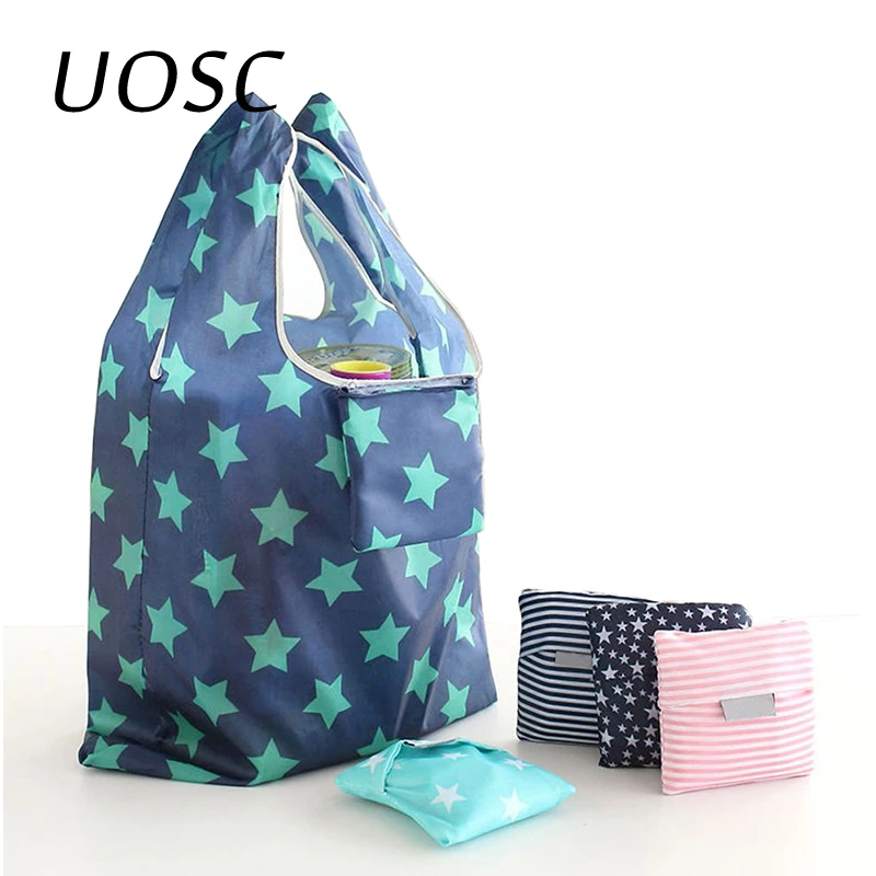 

UOSC New Lady Printing Foldable Green Shopping Bag Tote Folding Pouch Reusable Handbags Convenient Large-capacity Storage Bags